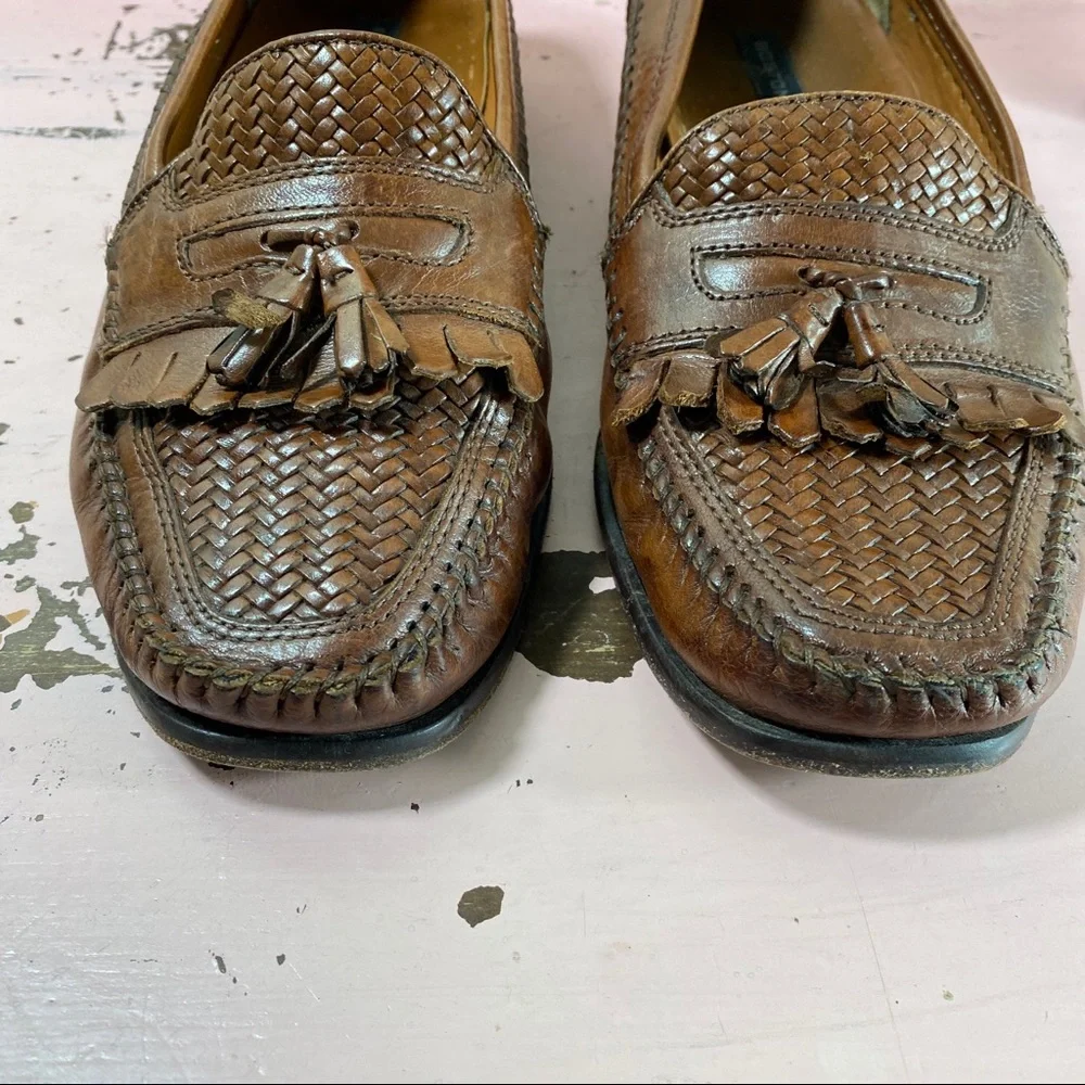 Bostonian Leather Basket Weaved Loafers Men’s 8.5M Brown Tassels - Picture 2 of 8